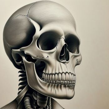 drawing of a human skeleton with a neck and head bones exposed and a skeleton's upper half visible