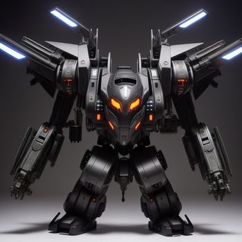 robot like vehicle with glowing eyes and a large body of black material with orange and yellow lights on it