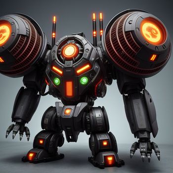 robot with glowing eyes and a large body of equipment on it's legs and arms