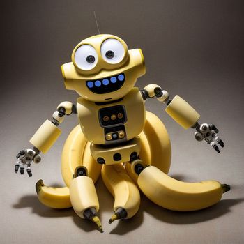 yellow robot with eyes and arms sitting on a table with bananas on it's legs and a banana in the foreground