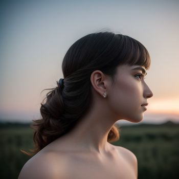 woman with a ponytail in a field at sunset with a sunset in the background and a field of grass behind her