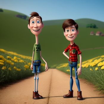 couple of cartoon characters standing on a dirt road in a field of flowers and grass with a hill in the background