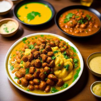 plate of food with some sauces and a bowl of soup on the side of it on a table