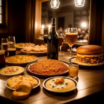 table with plates of food and drinks on it