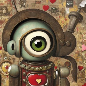 painting of a robot with a heart on it's chest and eyes