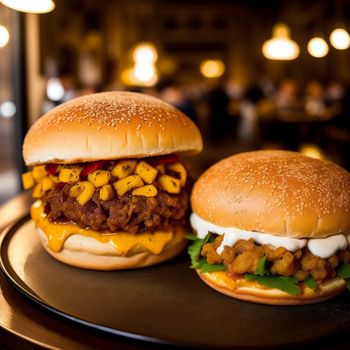 two hamburgers with meat and cheese on a plate in a restaurant setting with people in the background and a table with a table with a table