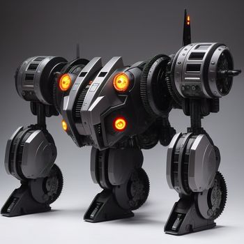 robot with two lights on its head and a light on its arm and a light on its head