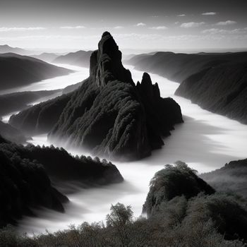 black and white photo of a river flowing between mountains and trees in the distance with a foggy sky