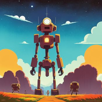 cartoon of a robot standing in a field with a sky background and clouds in the background
