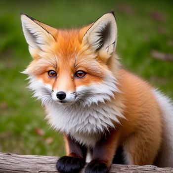 red fox sitting on top of a wooden log in a field of grass and grass behind it is a log