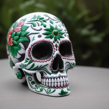 white and green skull with flowers on it's head sitting on a table next to a plant