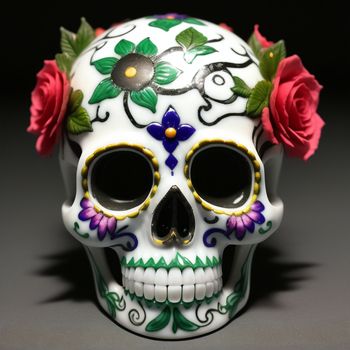 white skull with flowers on it's head and a black background with a black background and a white background with a black background and red rose skull