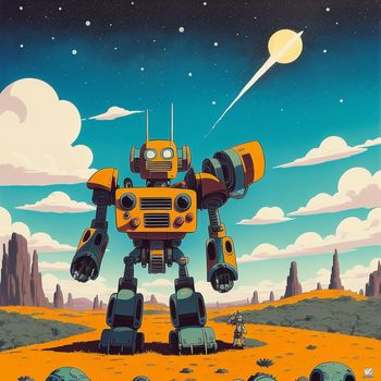 cartoon of a robot standing in a desert area with a moon in the background and a few rocks in the foreground