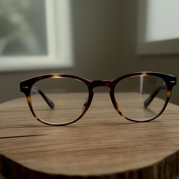 pair of glasses sitting on top of a wooden table next to a window with a plant in the background