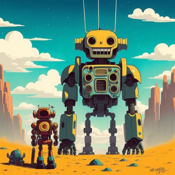 robot and a robot man standing in the desert with a sky background and clouds in the background