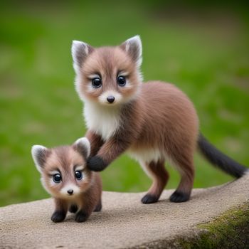 two small foxes standing on top of a rock together