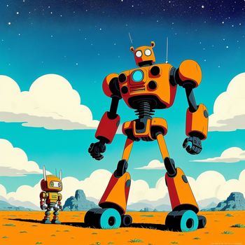 robot standing in the middle of a desert with a man standing next to it in front of a sky with clouds