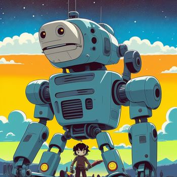 robot standing in front of a man and a dog in a field with clouds and stars in the sky