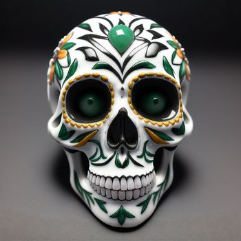 white skull with green eyes and a floral design on it's face