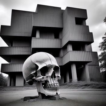 large building with a giant skull statue in front of it's face and a building with a large window