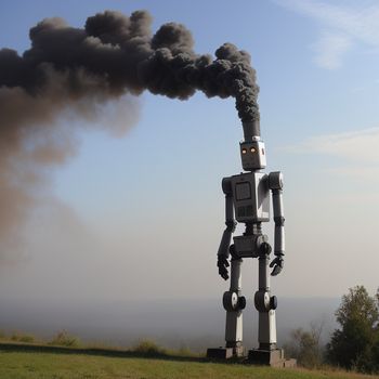 robot is standing in front of a black smoke stack with a camera on its back and a camera on its arm