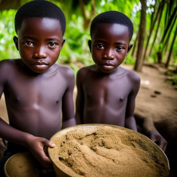 two young boys holding a large bowl of dirt in their hands and looking at the camera with a smile