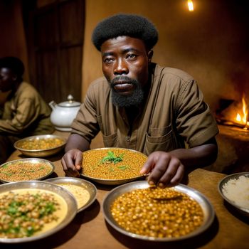 man sitting at a table with many plates of food on it and a teapot in the background