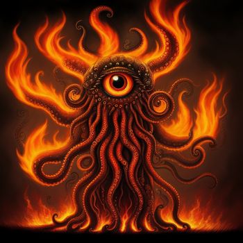 painting of an octopus with a large eye surrounded by flames and flames on a black background with a black background