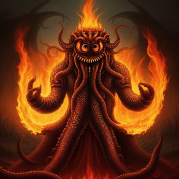 demonic creature with a huge head and huge eyes standing in front of a fire filled background with flames