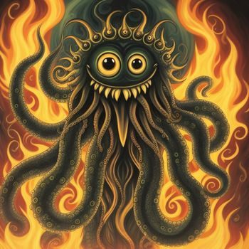 painting of a monster with a large head and eyes on fire with flames surrounding it and a black background