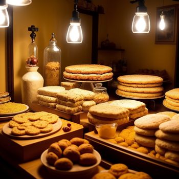 table filled with lots of different types of cookies and pastries on plates and a bottle of wine