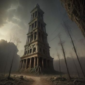 tall tower with a clock on top of it in the middle of a forest with a dirt path