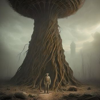 man standing in front of a giant tree with a giant mushroom like structure in the background