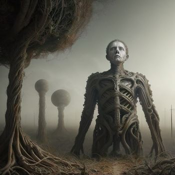 skeleton standing in a field with trees and a sky background with fog and clouds in the background