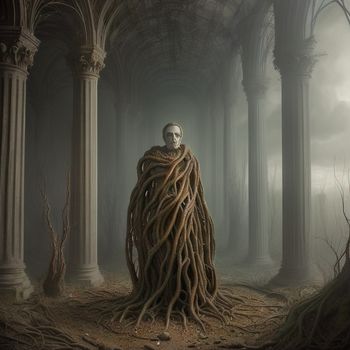 skeleton wrapped in vines in a gothic - like setting with columns and arches in the background