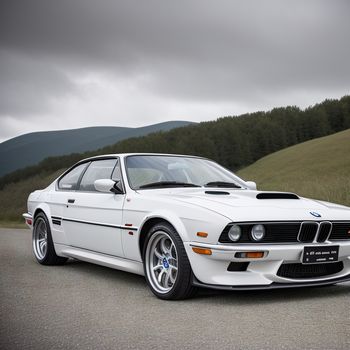 white bmw car parked on the side of a road in front of a hill and trees on a cloudy day