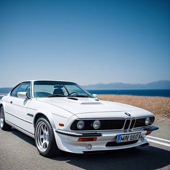 white bmw sports car parked on the side of the road near the ocean and a grassy field with a blue sky