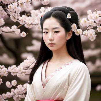 woman in a kimono standing in front of a tree with white flowers in bloom