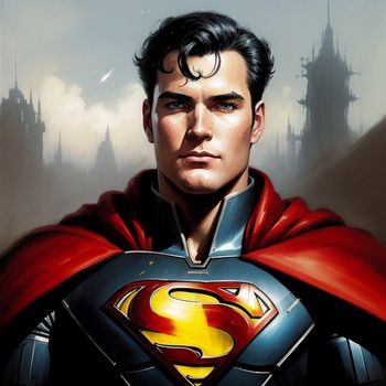 painting of a man in a superman suit with a castle in the background and a sky in the background