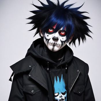 man with blue hair and skull makeup wearing a black jacket and a skull face paint job on his face