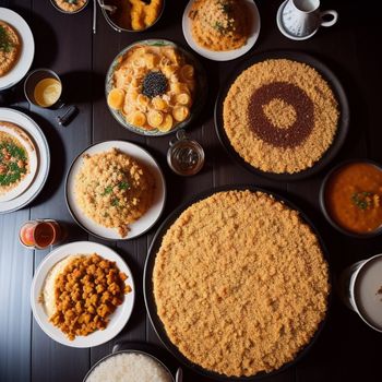 table topped with lots of different types of food and drinks on plates and bowls of food on the table