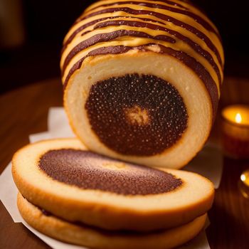 close up of a sliced bread on a plate with a candle in the background and a candle lit