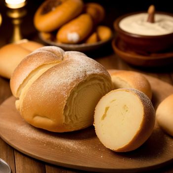 wooden plate topped with a loaf of bread and a couple of donuts on a table next to a candle