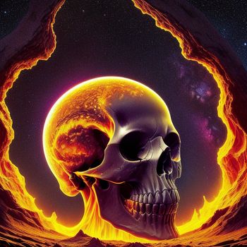 skull with a burning head in a circle of fire and a planet in the background with stars and a bright yellow light