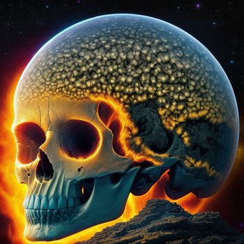 skull with a flame in its mouth and a mountain in the background with a star field in the foreground