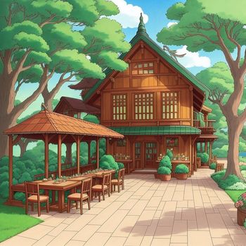 cartoon of a wooden house with a patio and tables in front of it and trees in the background