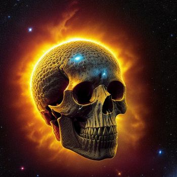 skull with a glowing eye and a black background with stars and a bright yellow ball of light in the middle