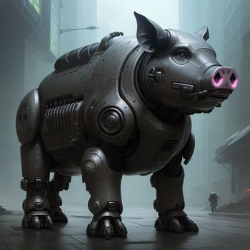 futuristic dog with a pink light on its face and a man in a suit standing next to it