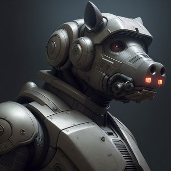 robot dog with a glowing red light in its eyes and a black background with a black background and a gray background