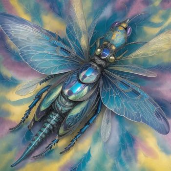 painting of a dragonfly on a colorful background with a blue and yellow flower in the center of the picture